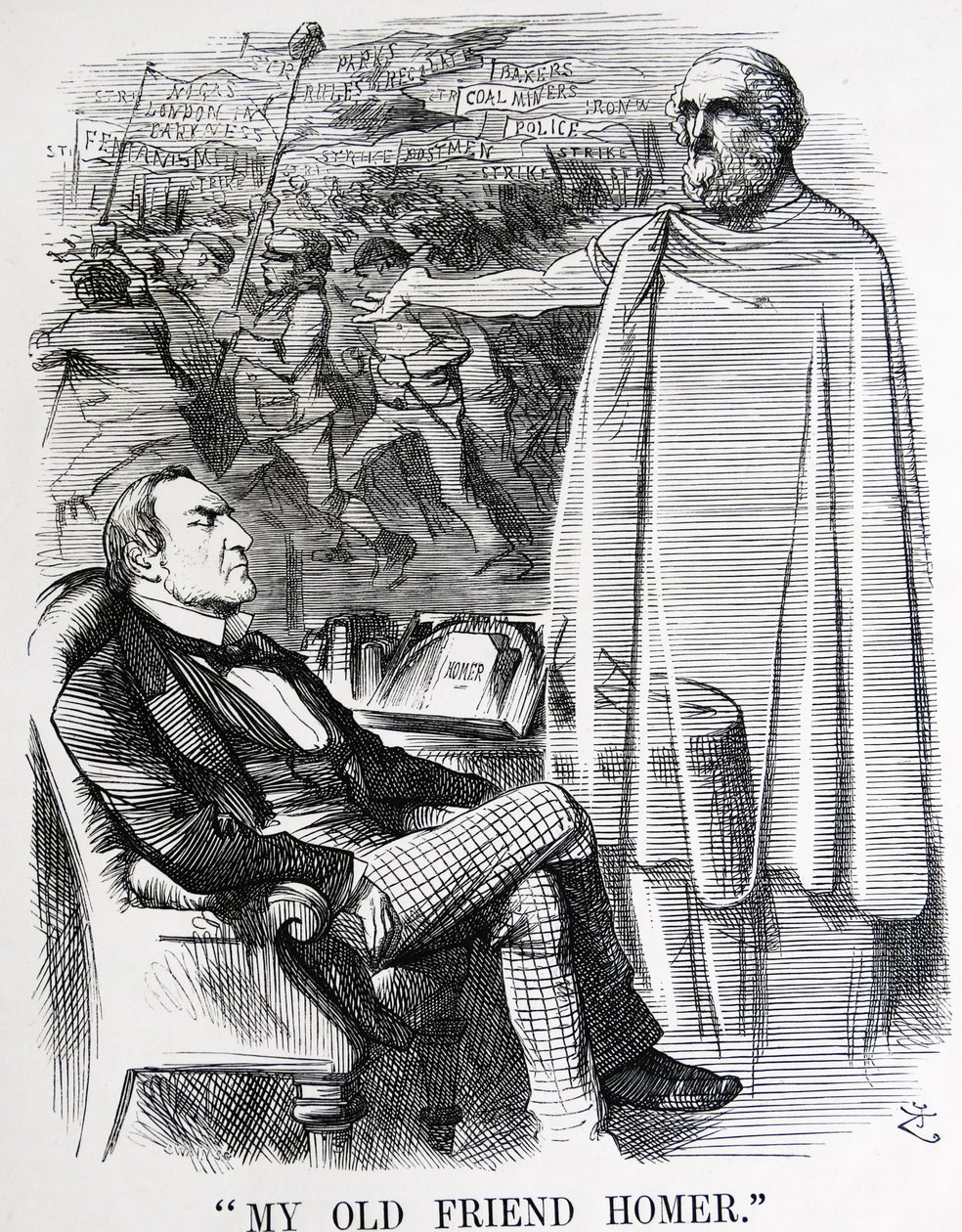 Politisk satire som skildrer William Ewart Gladstone og hans "gamle venn Homer" av John Tenniel