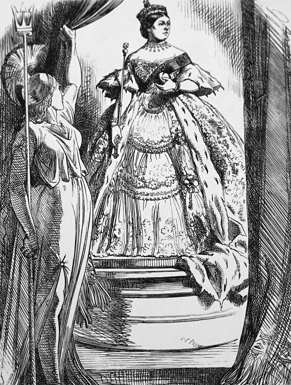 Dronning Victoria blir oppfordret av Britannia til å komme tilbake til verden etter sin lange sorg av John Tenniel