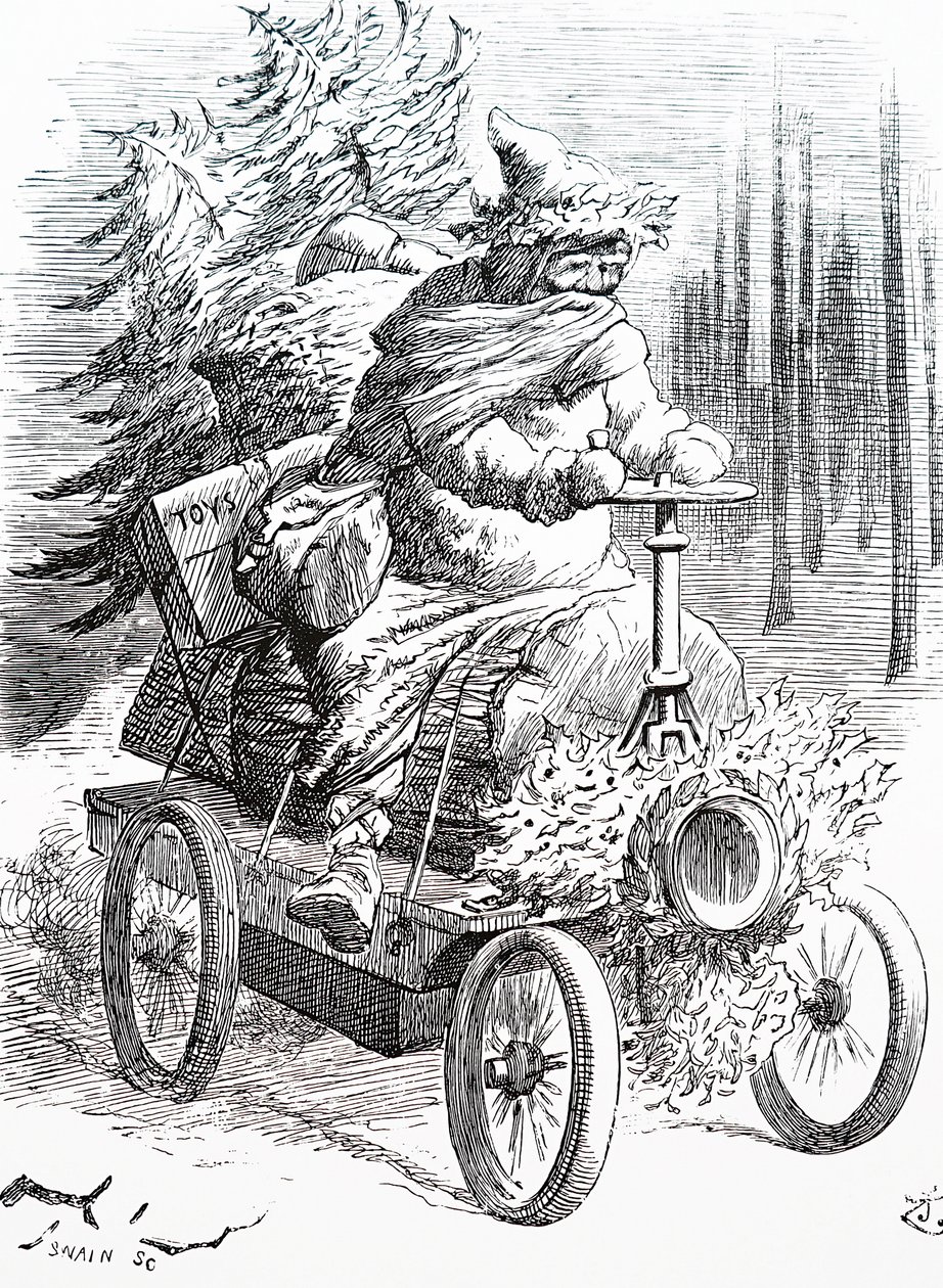 Julenissen raser gjennom snøen. Av John Tenniel (1820-1914), en engelsk illustratør, grafisk humorist og politisk tegneserieskaper av John Tenniel