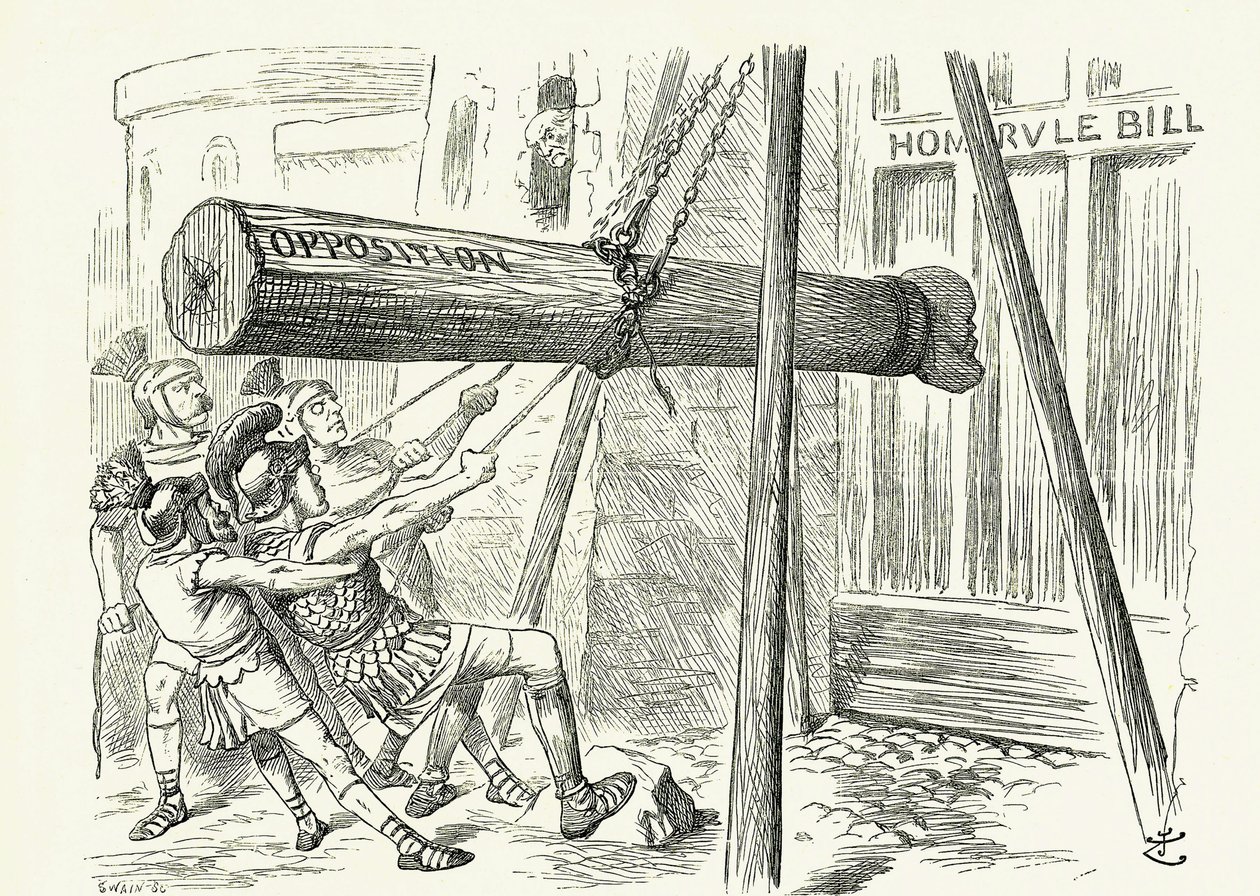 The Assault': Gladstones liberale hjemmestyrelov under angrep fra den konservative opposisjonen av en rambuk med hodet til lederen Lord Salisbury. John Tenniel tegneserie fra 'Punch', London av John Tenniel