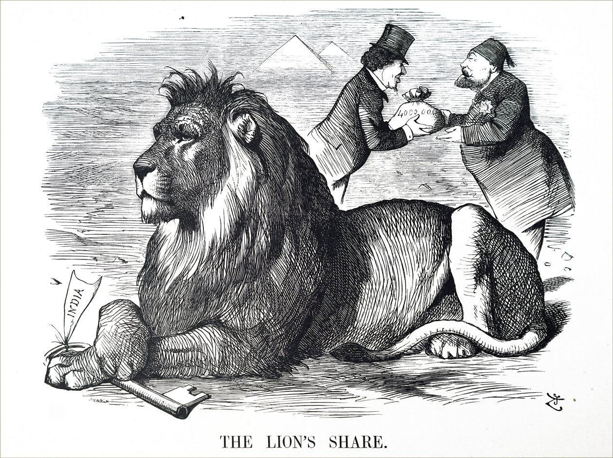 Den britiske regjeringen gir Rothschilds fullmakt til å kjøpe ut aksjer i Suez-kanalen. av John Tenniel