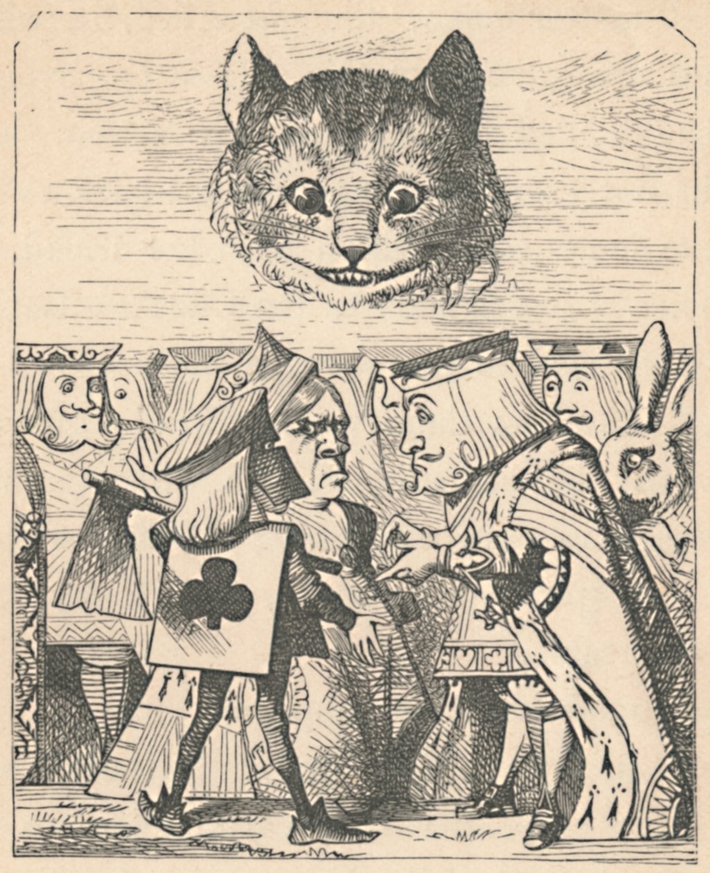 Cheshire Cat ser ned på den røde kongen og dronningen som kranglet, 1889 av John Tenniel