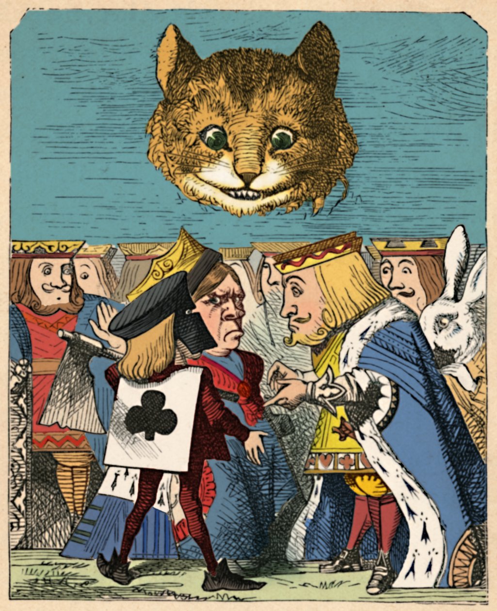 Cheshire Cat ser ned på den røde kongen og dronningen som kranglet, 1889 av John Tenniel
