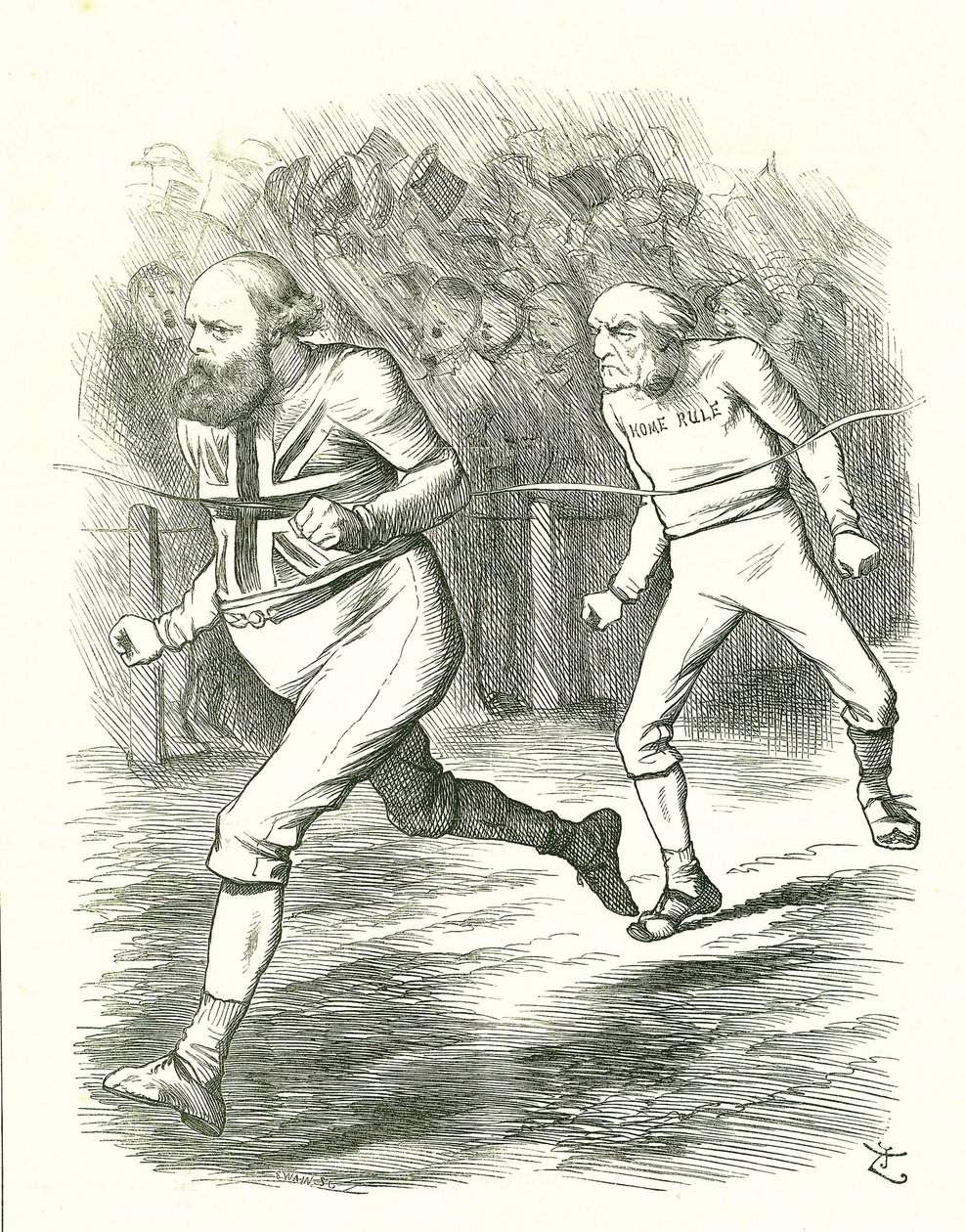 The Finish: General Election 1886. Gladstone (Liberal) dro til landet på grunn av lovforslaget om hjemmestyre for Irland. Salisbury (konservativ opposisjon) slår Gladstone til målstreken. John Tenniel tegneserie fra Punch, London av John Tenniel