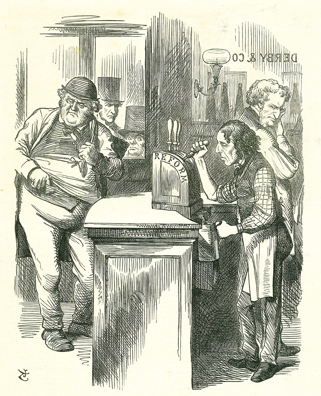 The Honest Pot Boy: Reform of Parliament - utvidelse av franchisen. Disraeli serverer reform til John Bull, sett av hans parlamentariske opposisjon. Han introduserte og bar reformforslaget sitt. Tenniel tegneserie fra Punch, London av John Tenniel