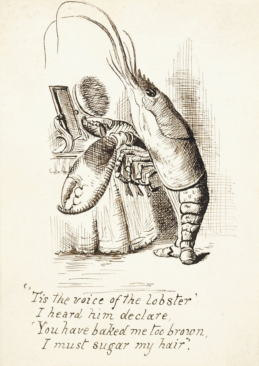 Hummeren, med en hårbørste i kloen stående foran et sminkebord, med 4 verslinjer, ca. 1865 (penn og brunt blekk) av John Tenniel