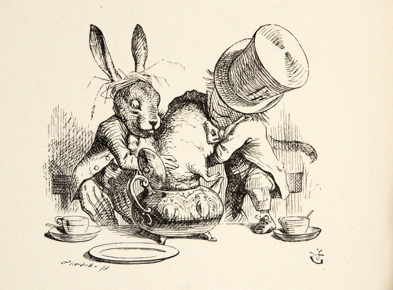 The Mad Hatter and the March Hare putting the Dormouse in the Teapot, fra Alices Adventures in Wonderland av Lewis Carroll (1832 - 98), pub. 1891 av John Tenniel