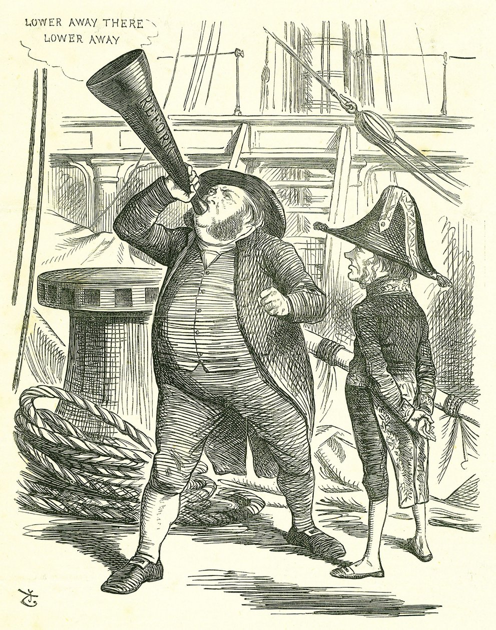 The Officious Passenger: Reform of Parliament - utvidelse av franchisen. Statsministeren, Lord John Russell, ber John Bright slutte å utbasunere reformforslaget. Russell beseiret av parlamentet på reformforslaget i mai 1866. John Tenniel tegneserie fr av John Tenniel
