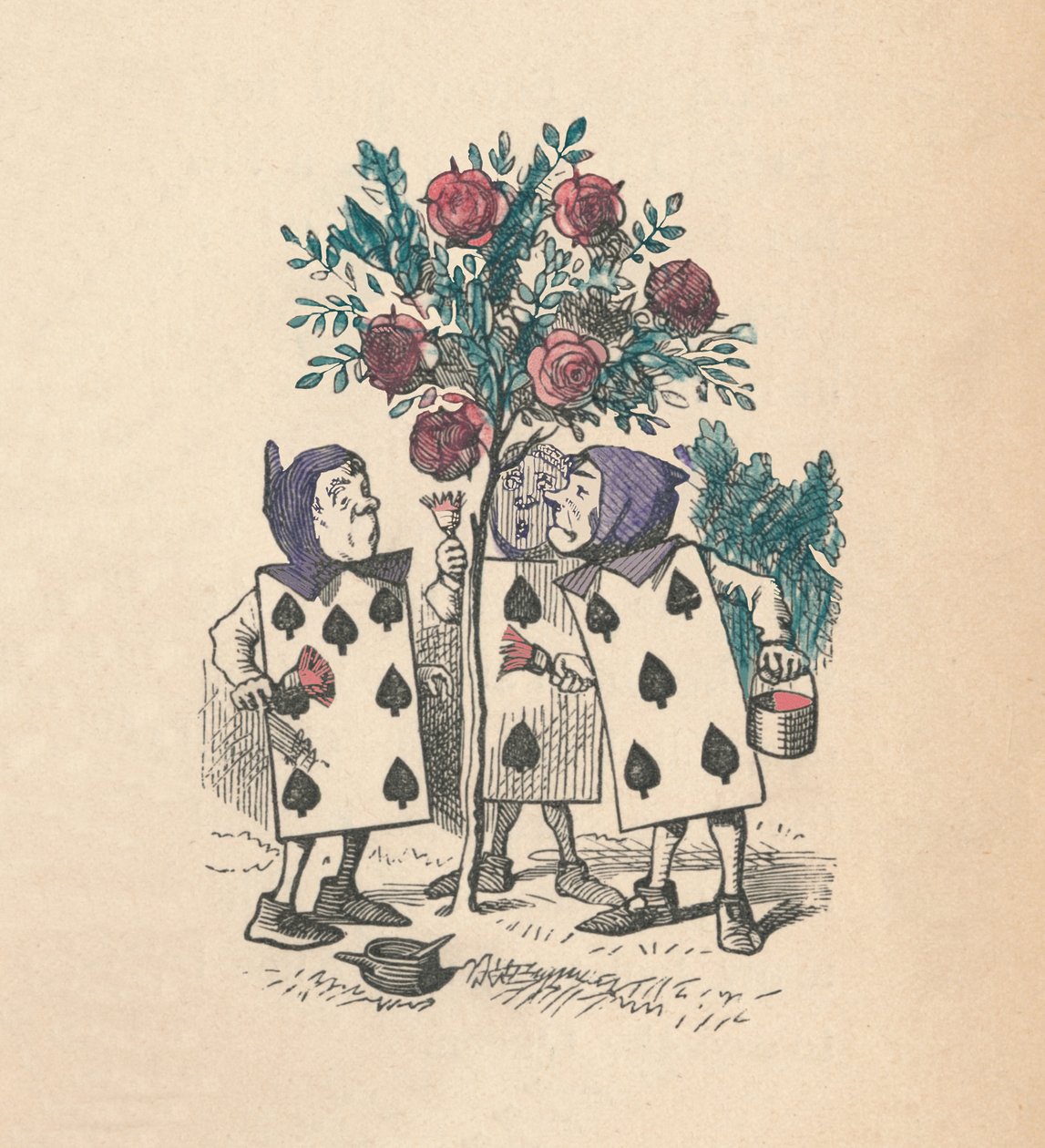 Spillekortene som maler rosebuskene, 1889 av John Tenniel