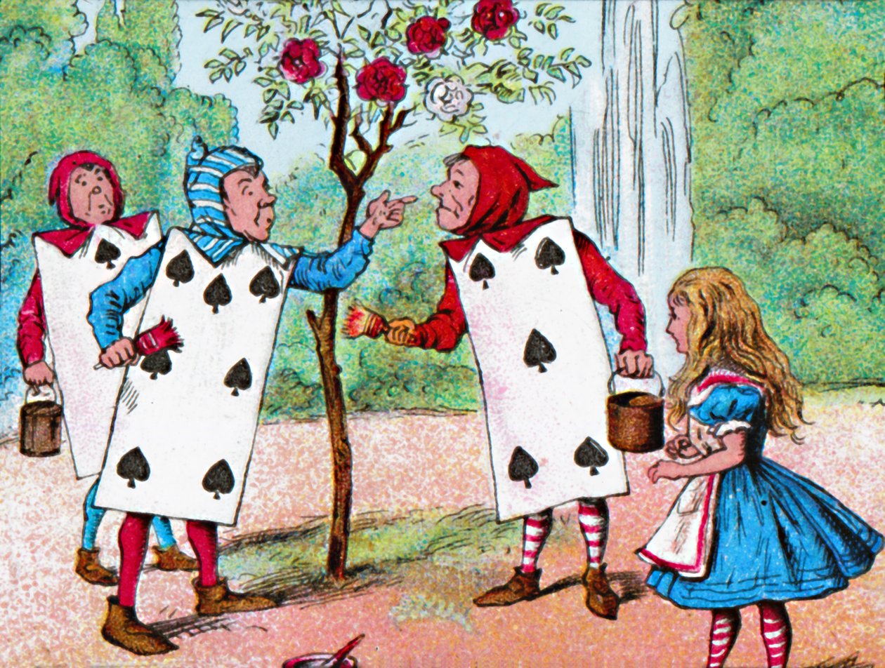 Spillekortene som maler rosebuskene, c1910 av John Tenniel
