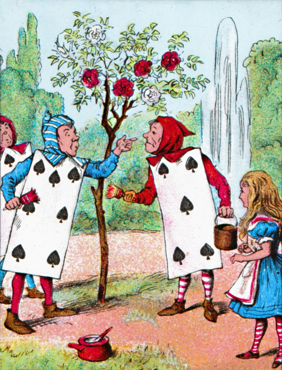 Spillekortene som maler rosebuskene, c1910 av John Tenniel