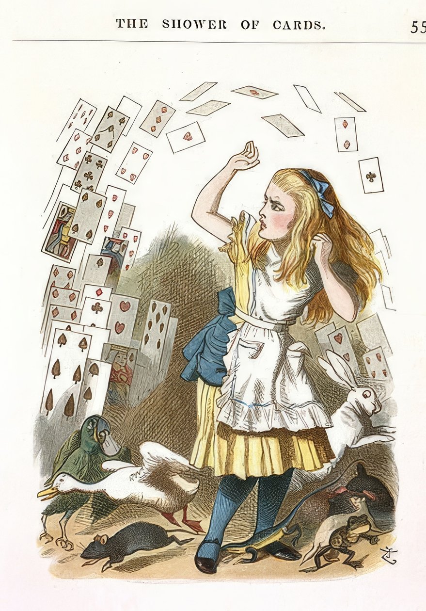 Dusjen av kort. Illustrasjon for Alice i Eventyrland av Lewis Carroll. 1890 av John Tenniel