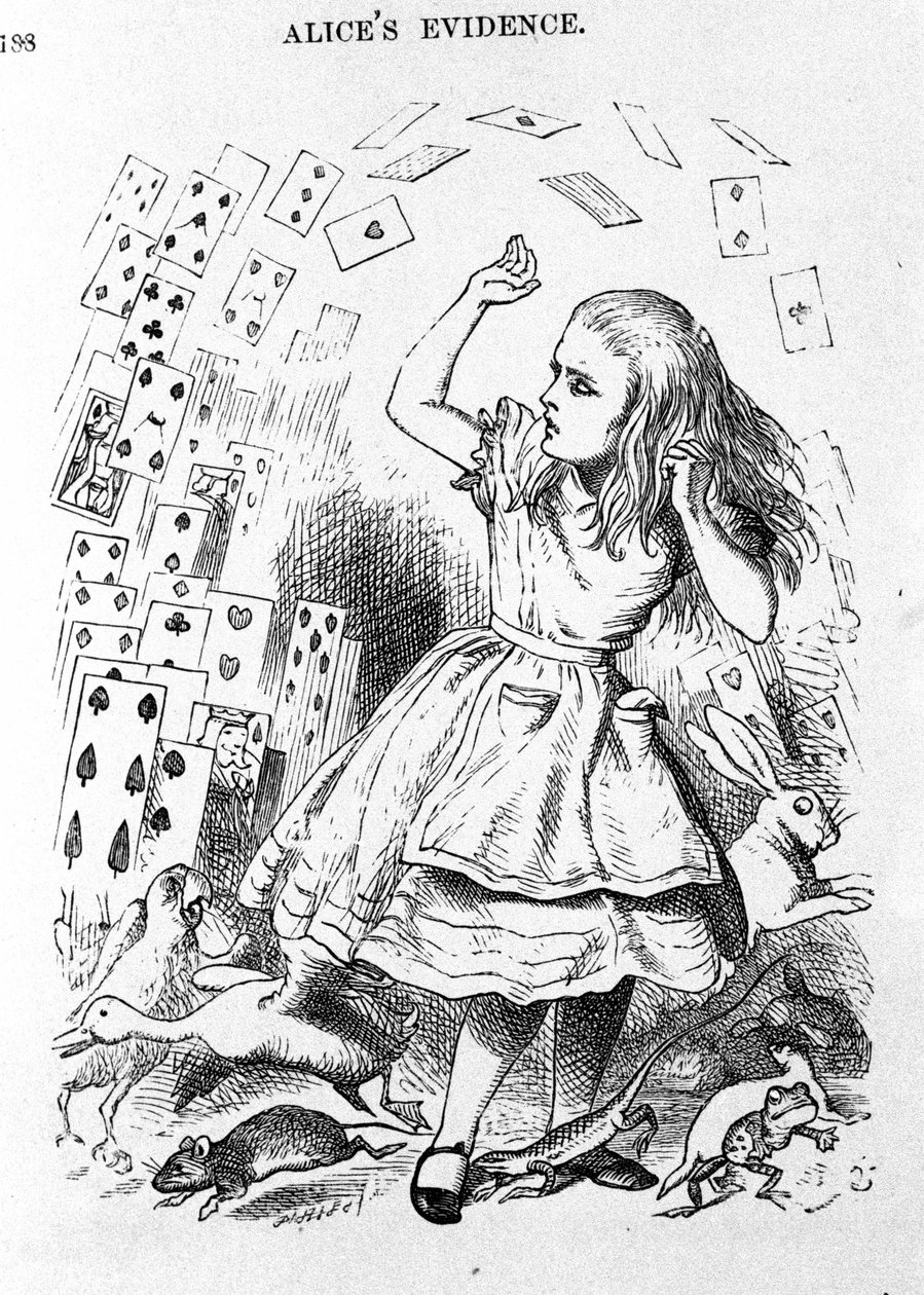 Kortene som skal spilles - i "The Nursery" "Alice's adventures in Wonderland" av Lewis Carroll, illustrasjon av den første utgaven av John Tenniel (1820-1914) av John Tenniel