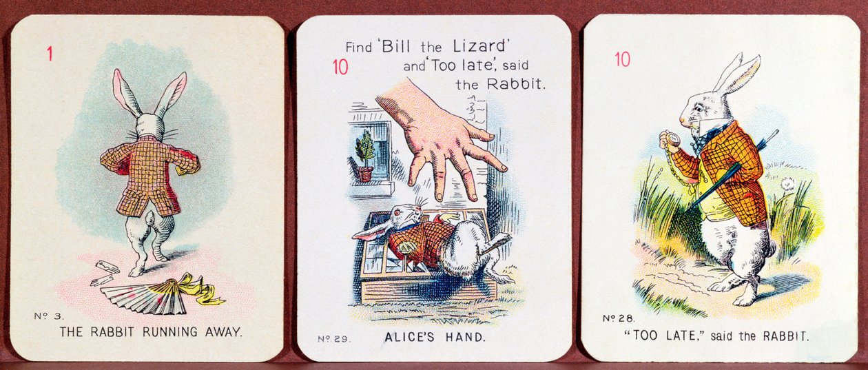 Tre Happy Family-kort som viser karakterer fra Alice in Wonderland av Lewis Carroll av John Tenniel