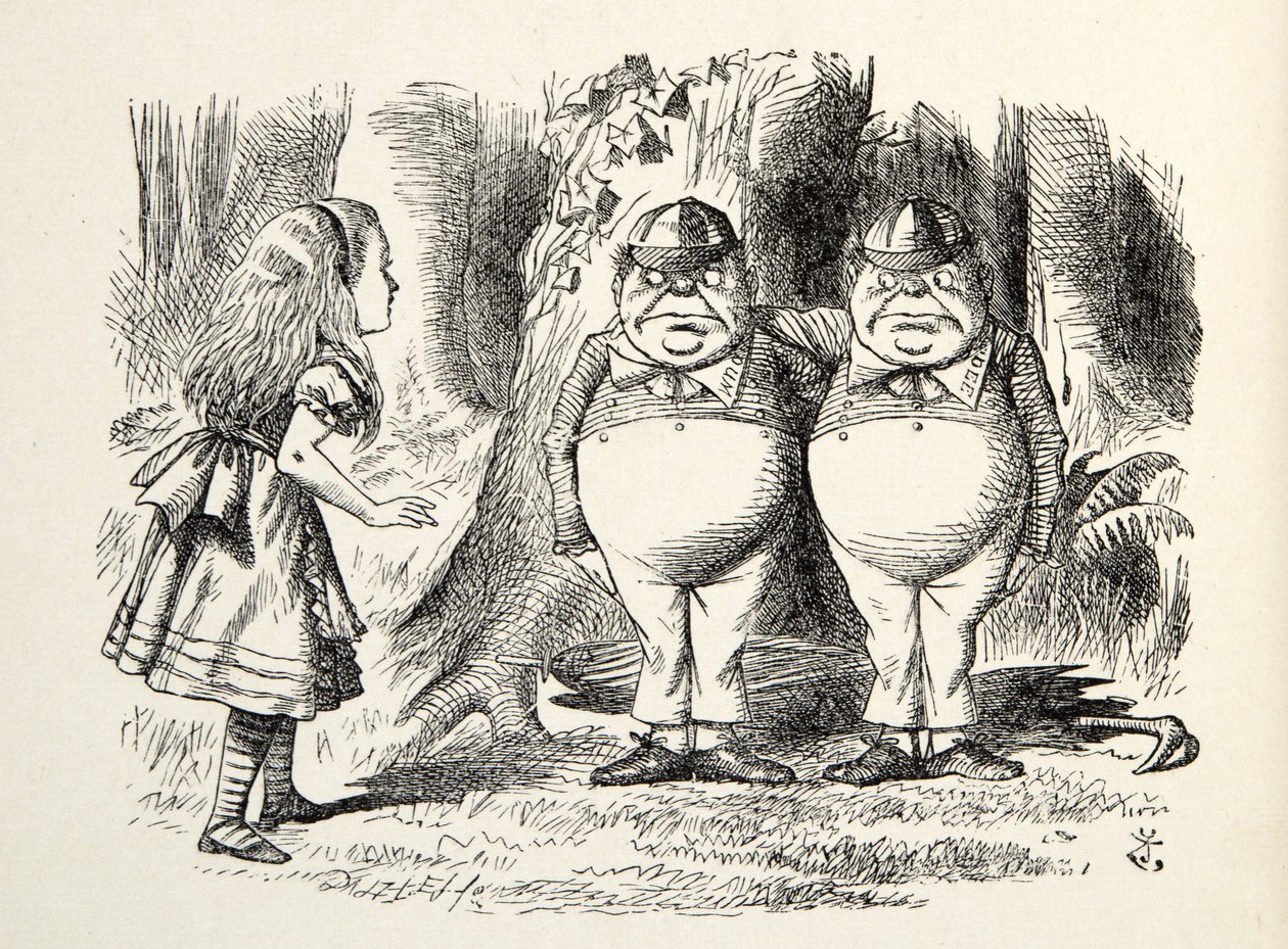Tweedledum og Tweedledee, illustrasjon fra Through the Looking Glass, av Lewis Carroll (1832 - 98), 1872 av John Tenniel