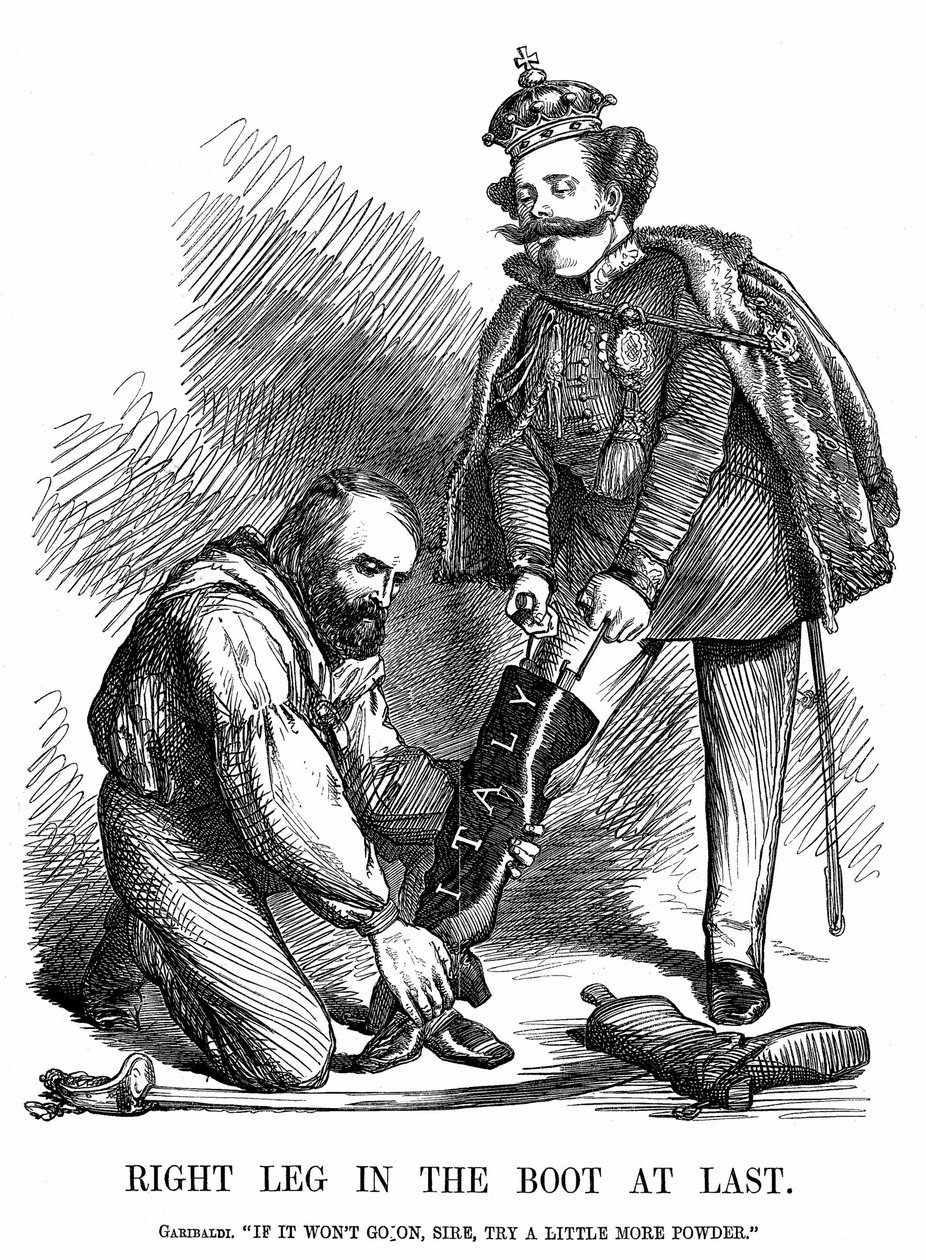 Forening av Italia: Giuseppe Garibaldi (1807-1882) hjalp Victor Emmanuel II (1820-78) med å ta på seg støvelen til Italia. John Tenniel tegneserie fra Punch, London av John Tenniel