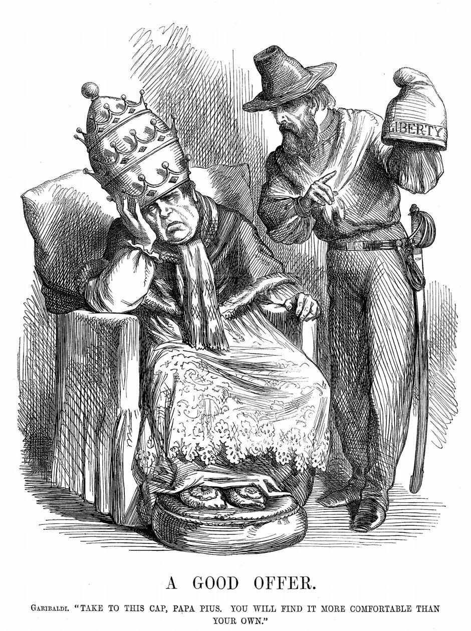 Forening av Italia: Giuseppe Garibaldi (180718-82) prøver å overtale pave Pius IX om at Frihetshetten ville være langt mer behagelig enn den pavelige kronen. John Tenniel tegneserie fra Punch, London, 29. september 1860. Tregravering. av John Tenniel