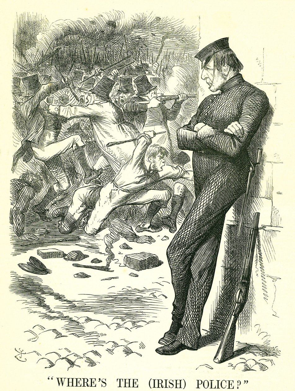 Hvor er det (irske) politiet?: William Gladstone, britisk statsminister, ser på urolighetene i Irland og venter på å gripe inn. I april ble en ny irsk fredsbevaringslov vedtatt av parlamentet. John Tenniel tegneserie fra Punch, London av John Tenniel