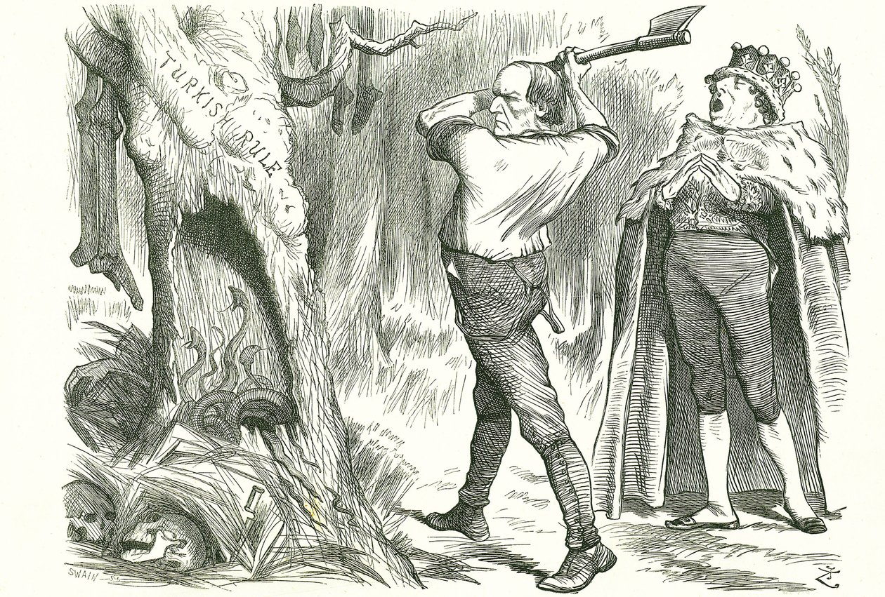 Woodman, Spare That Tree': Disraelis (Lord Beaconsfield) konservative råd til Gladstone, den liberale, om ikke å forstyrre reiret til hoggormer og å la det tyrkiske spørsmålet være i fred. John Tenniel tegneserie fra 'Punch', London, 26. mai 18 av John Tenniel