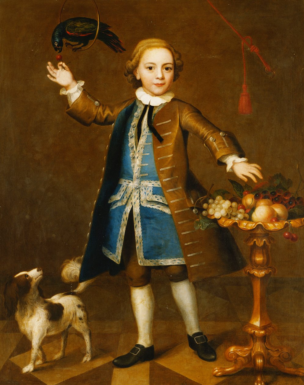 Portrett av en gutt, full lengde, i en brun frakk, blå vest med sølvflette, holder et kirsebær til en papegøye, en spaniel ved siden av seg, med frukt på stativ, 1741 av John Theodore Heins