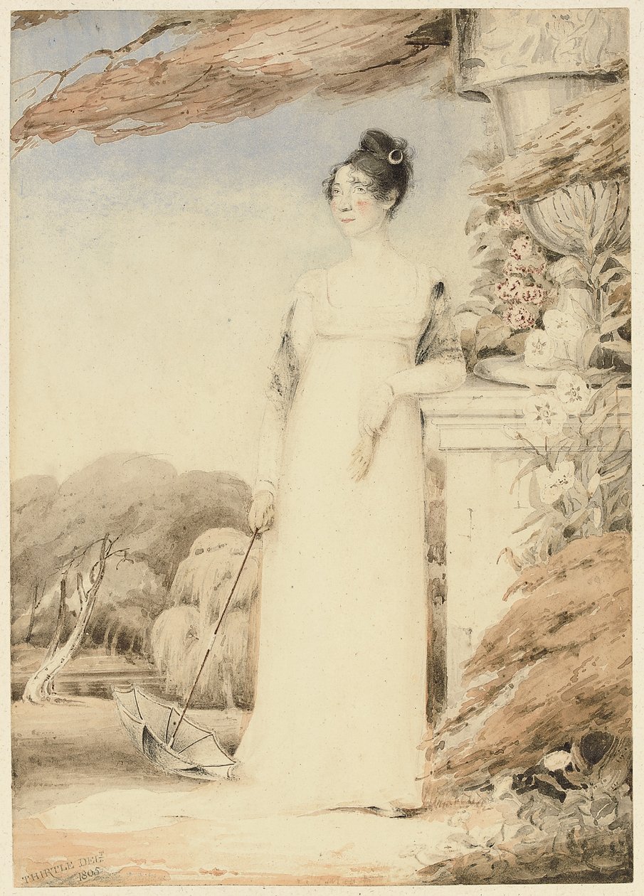 Portrett av Ann Miles, senere Mrs. John Sell Cotman, i full lengde, høyre hånd holder en parasoll, venstre arm hviler på en sokkel, 1805 av John Thirtle