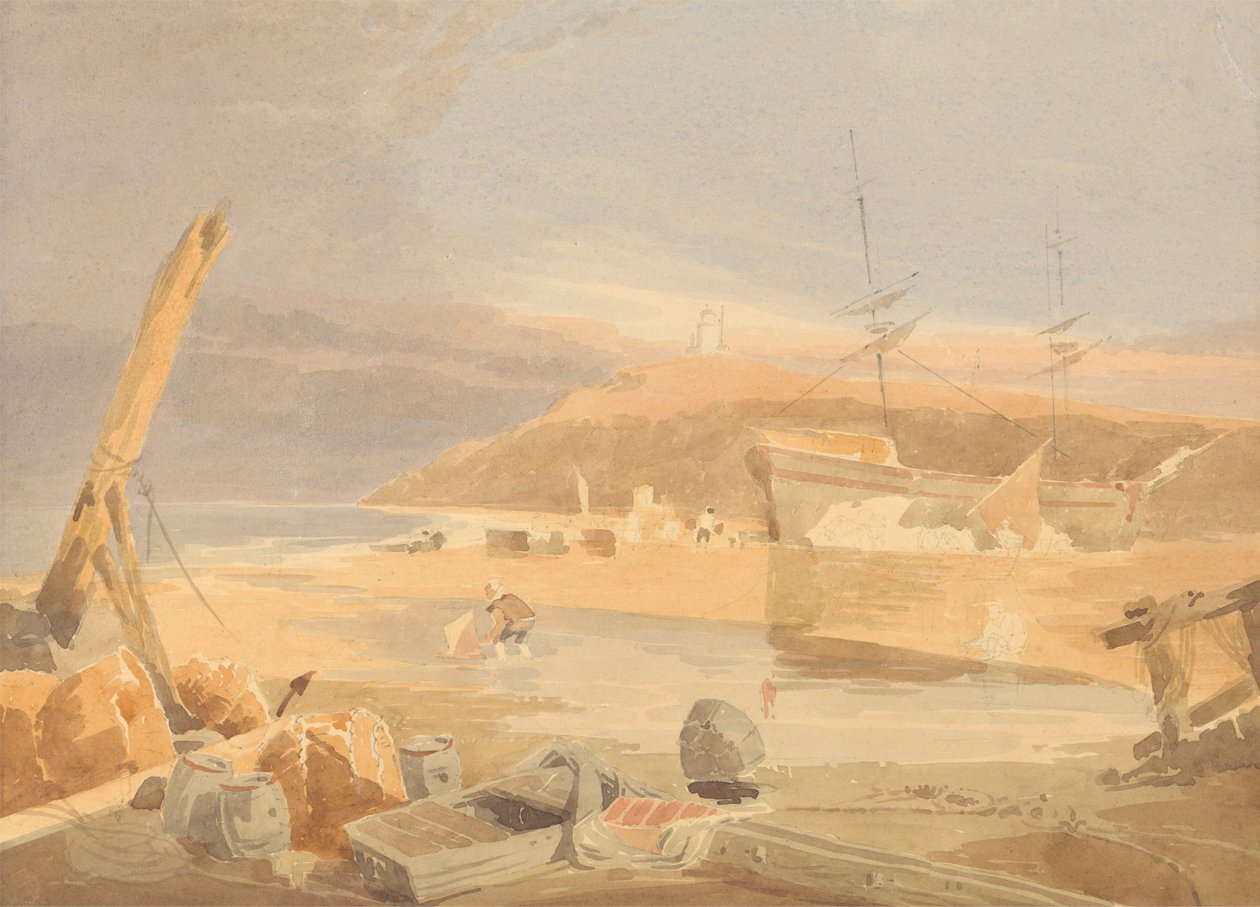 Strandscene med seilskip ved kaien av John Thirtle