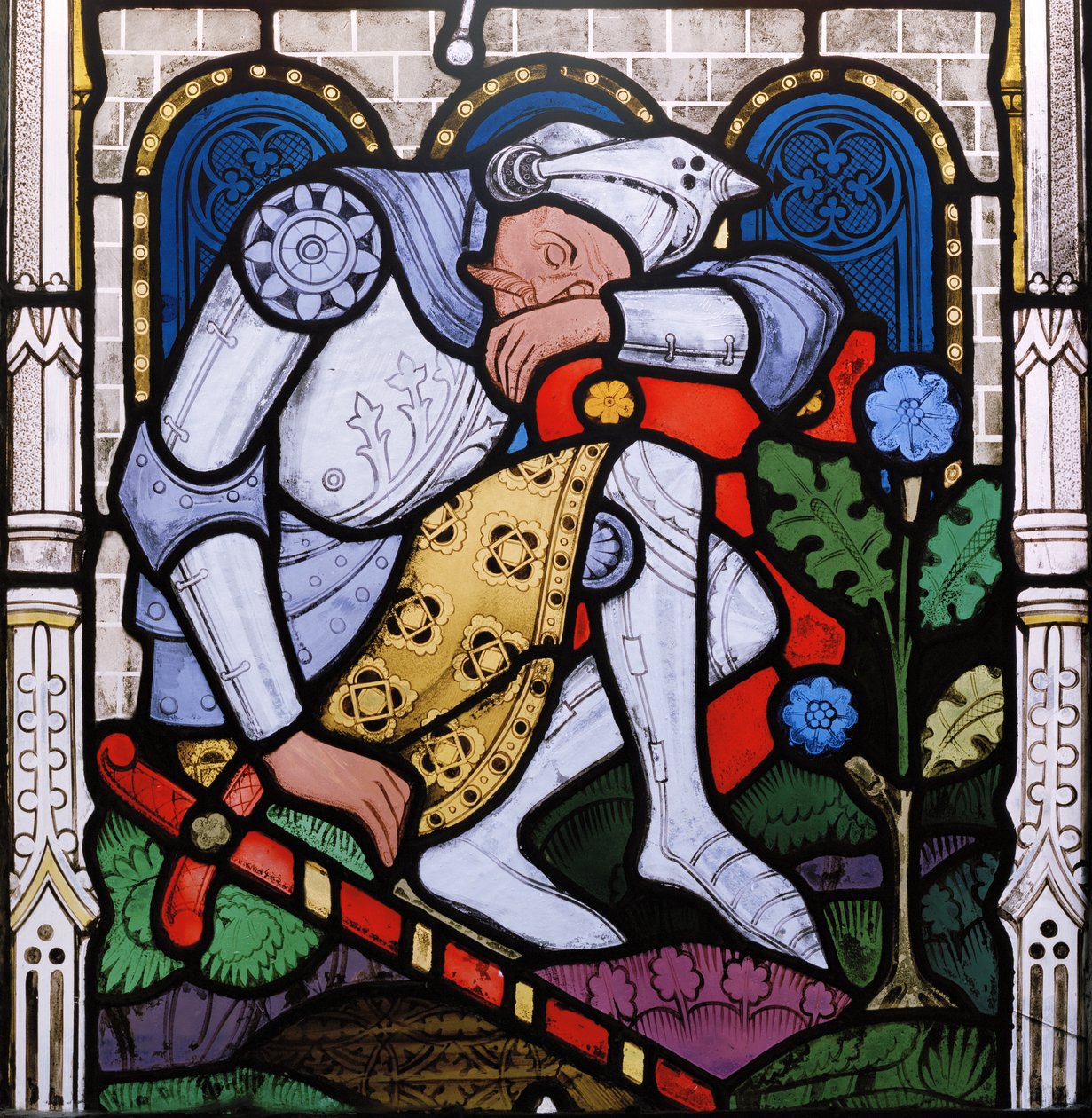 Sleeping Knight, detalj fra The Resurrection-vinduet, 1863 (farget glass) av John Thomas Grylls