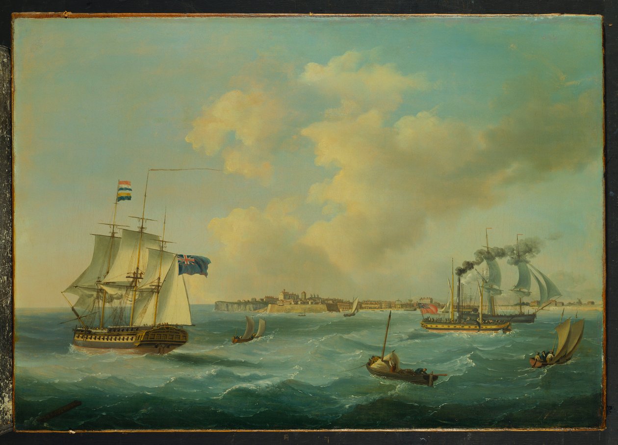 En fregatt med 44 kanoner, en passasjer-dampbåt og annen frakt utenfor St.Peter Port, Guernsey, 1825 av John Thomas Serres