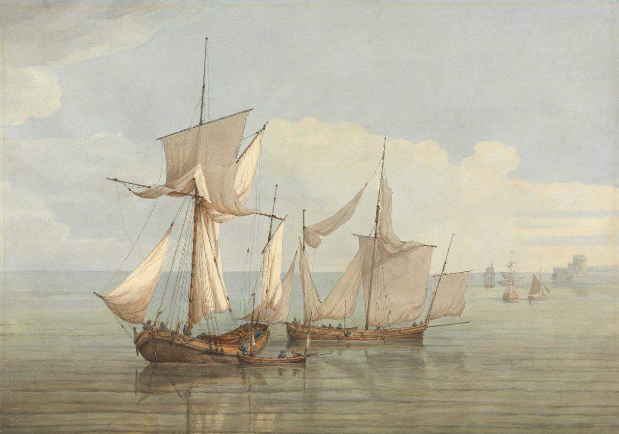 En Hoy and a Lugger med annen frakt på et stille hav av John Thomas Serres