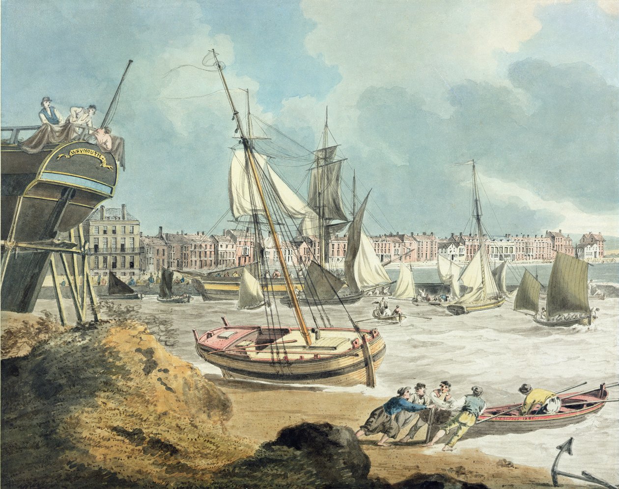 Havn i Weymouth, Dorset, 1805 (penn, blekk og akvarell på papir) av John Thomas Serres