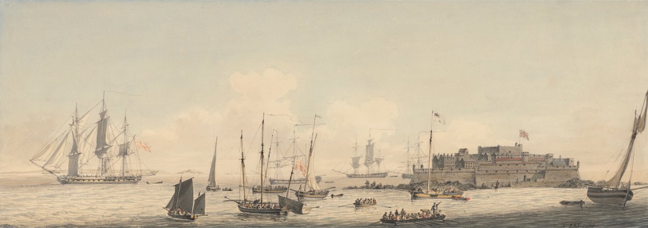 Utsikt over Castle Cornet, Guernsey, Kanaløyene, med frakt av John Thomas Serres