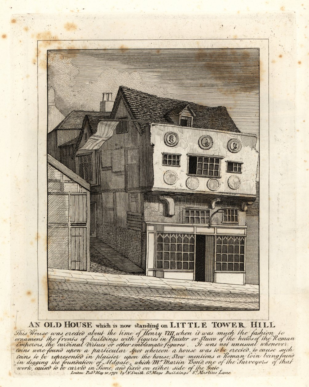 Et gammelt Tudor-hus som står på Little Tower Hill, London av John Thomas Smith