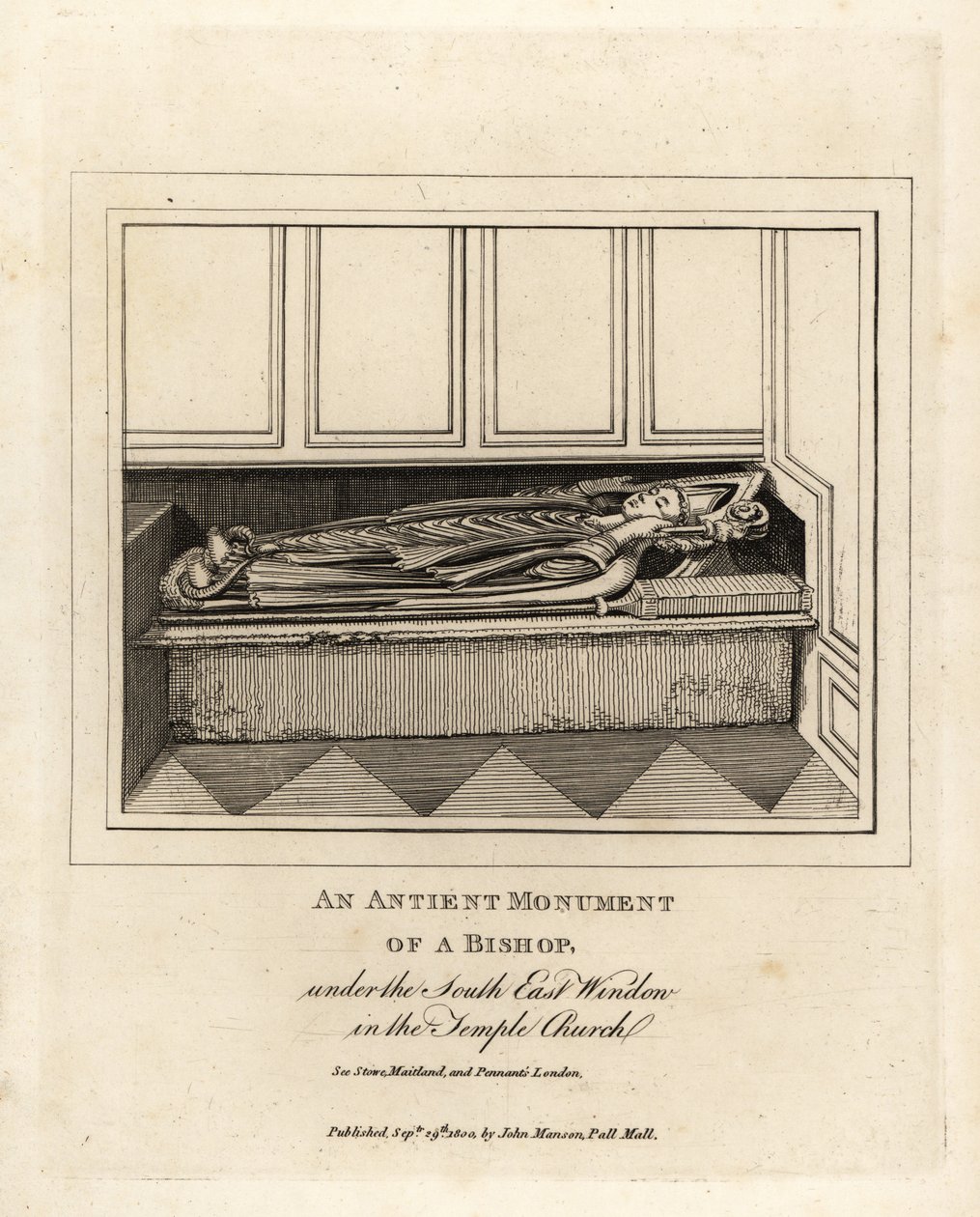 Gammelt monument av en biskop under det sørøstlige vinduet til Temple Church fra 1100-tallet, London av John Thomas Smith