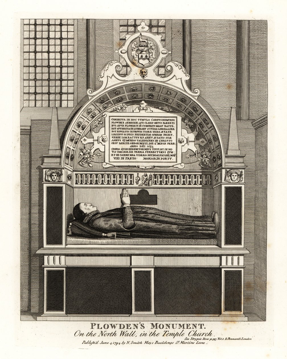 Edmund Plowdens monument på nordveggen i Temple Church av John Thomas Smith
