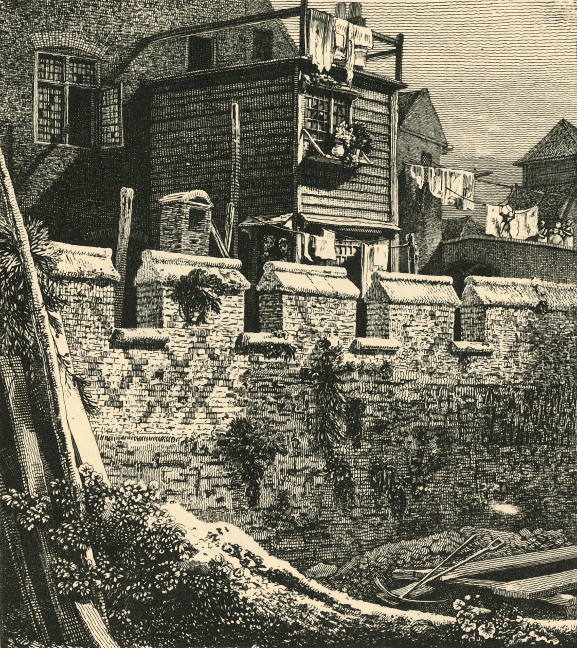 Fragment av London-muren ved St. Giles, Cripplegate, 1812, 1925. av John Thomas Smith