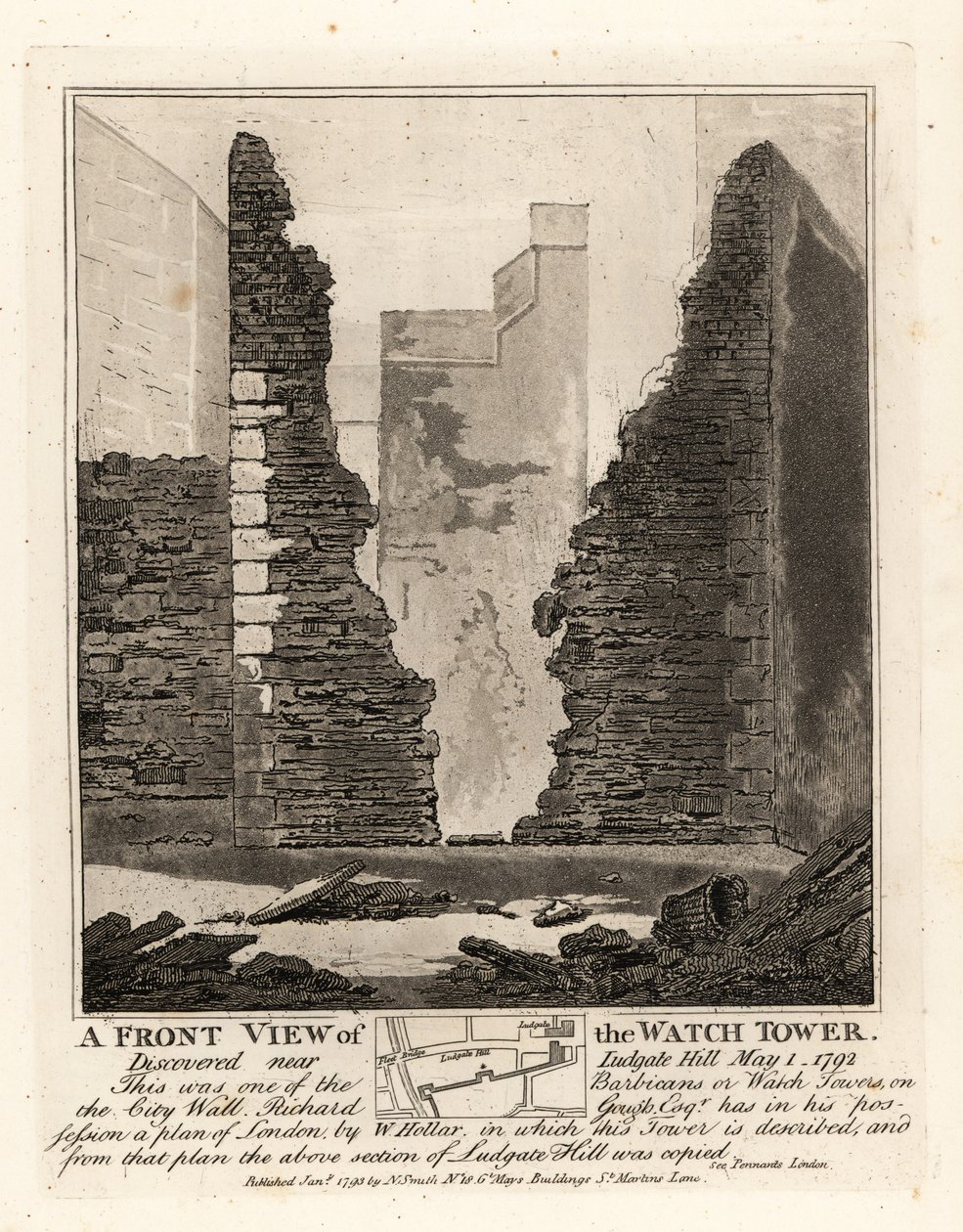 Forfra av Watch Tower eller Barbican i bymuren oppdaget nær Ludgate Hill, 1. mai 1792 av John Thomas Smith