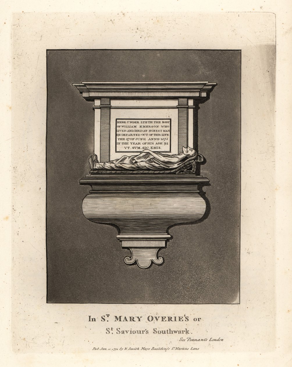 Gravbilde og monument til den ærlige mannen William Emerson, død 1575, i St Mary Overie