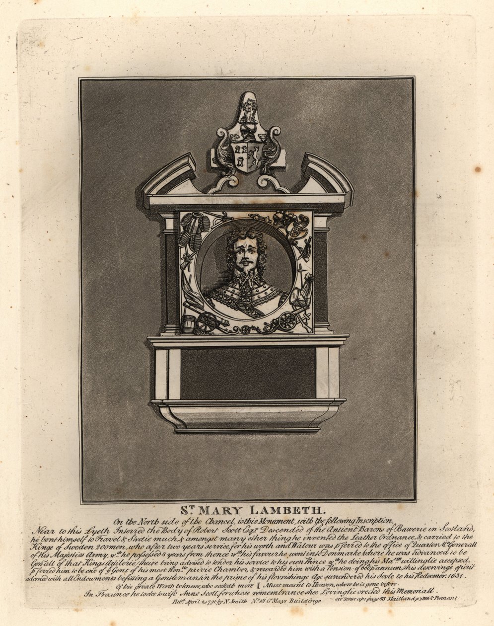 Gravbilde av Robert Scott, hæroffiser i de svenske og danske tjenestene og militær oppfinner, død 1631, St Mary Lambeth av John Thomas Smith