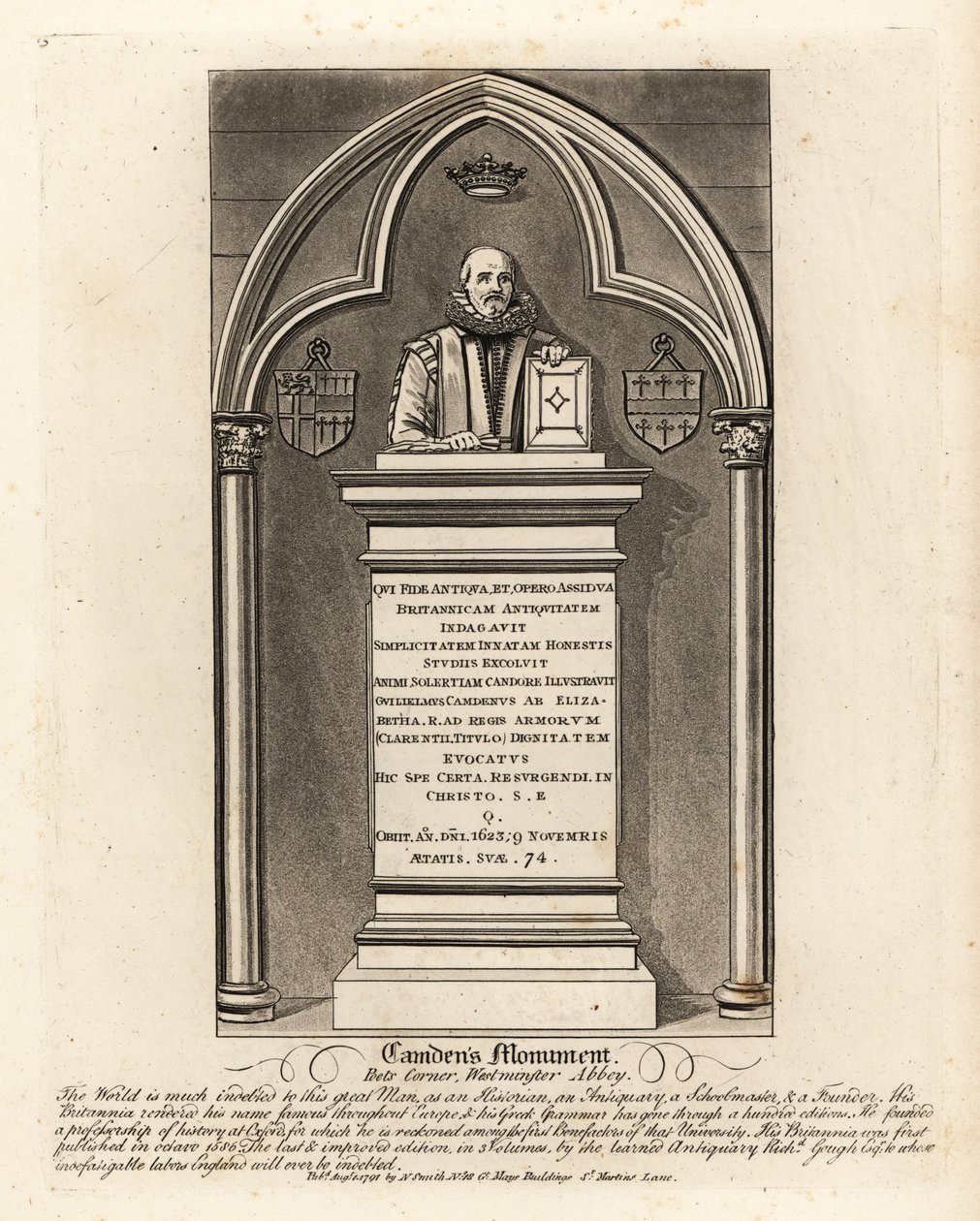 Gravmonument til den elisabethanske antikvaren og heralden William Camdem, død 1623, i Poets Corner, Westminster Abbey av John Thomas Smith