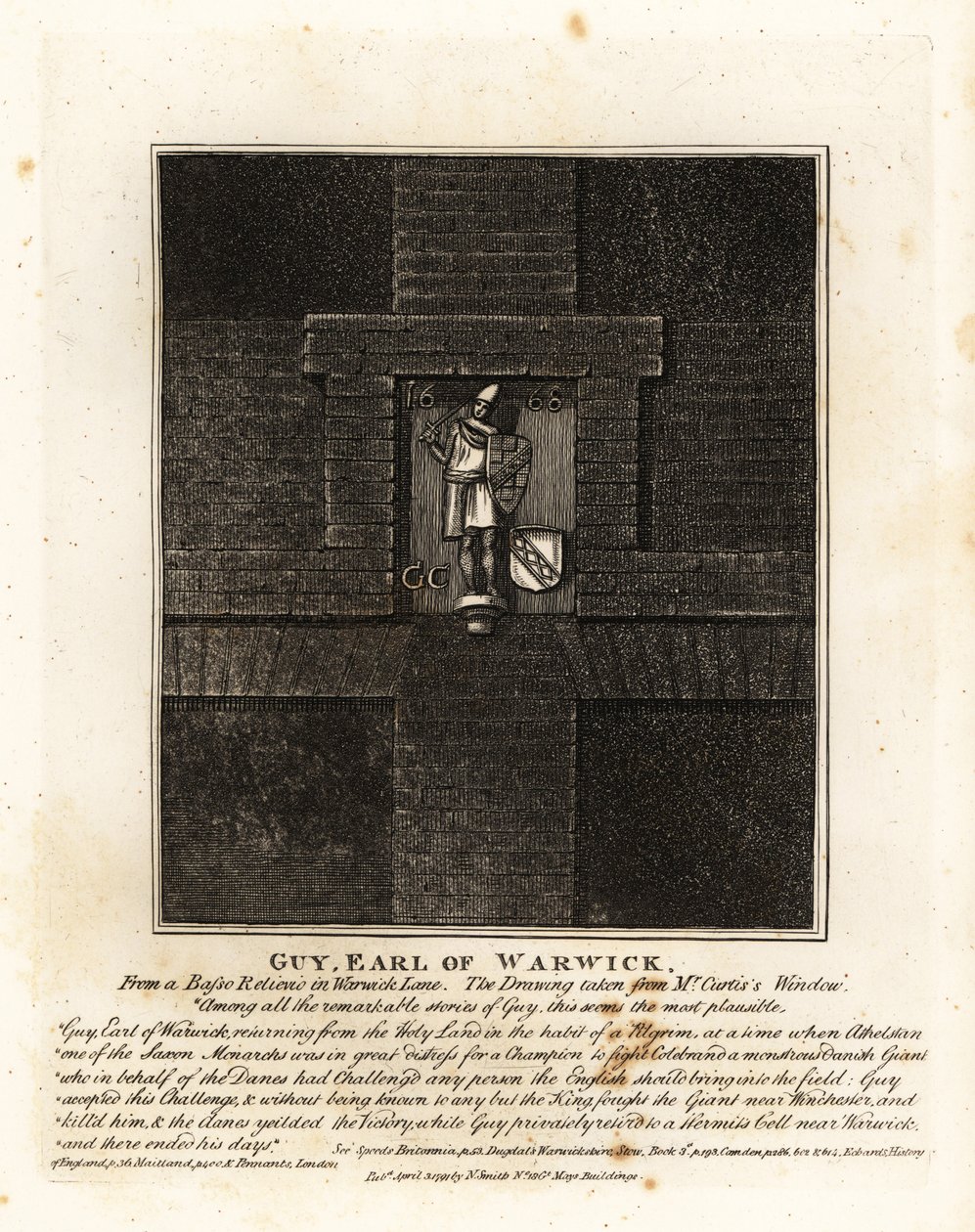 Guy, Earl of Warwick, fra en basso-relievio i Warwick Lane av John Thomas Smith