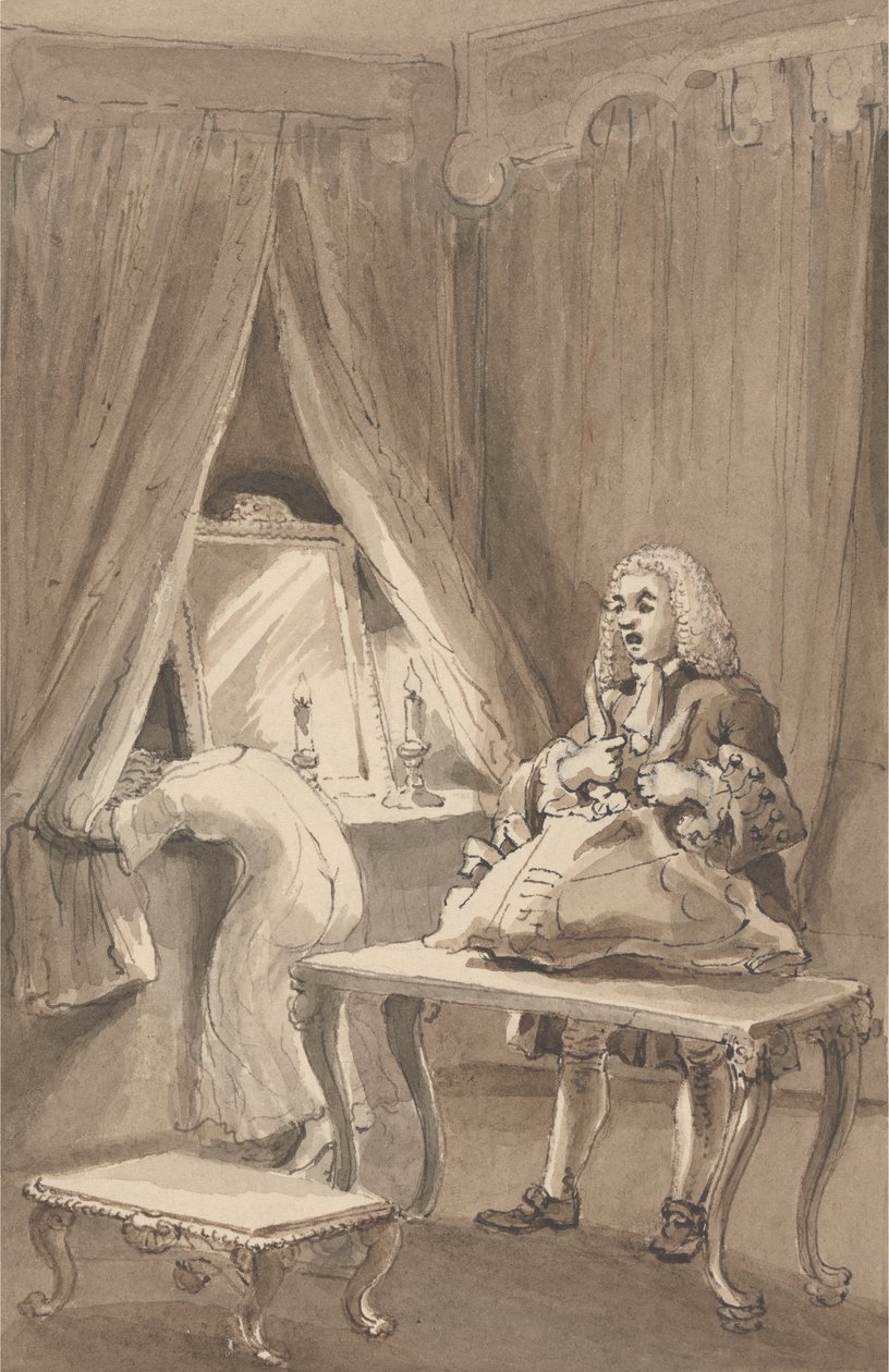 Hogarth, etter at hans kone hadde tatt på seg en ny nattskjorte, binder opp tingene hennes for å sende til Sir James Thornhill med et brev der han fortalte ham: 'Han tok datteren sin uten en kittel til hennes A--e av John Thomas Smith