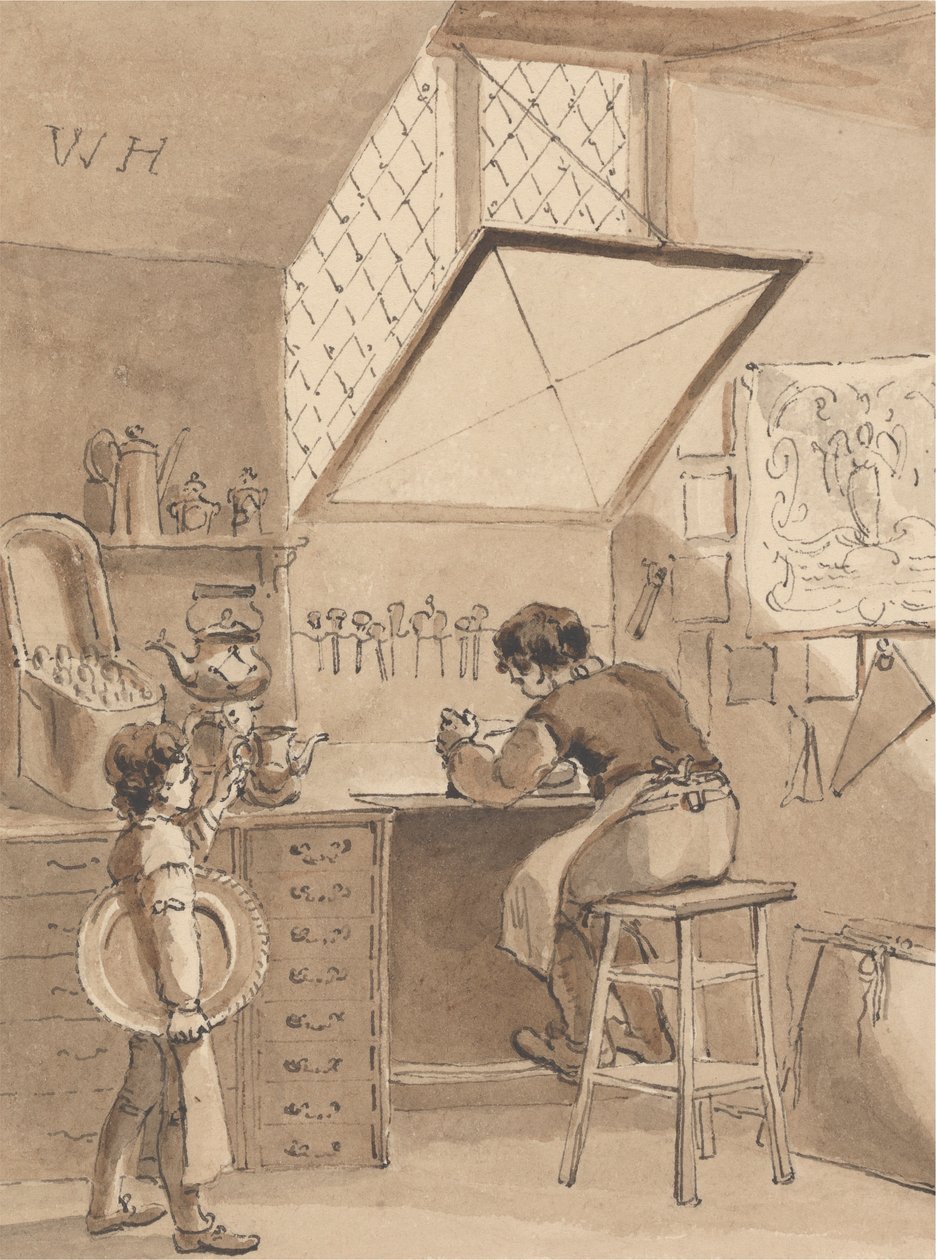 Hogarth graverer sin mesters butikk-bill the Sign of the Angel av John Thomas Smith