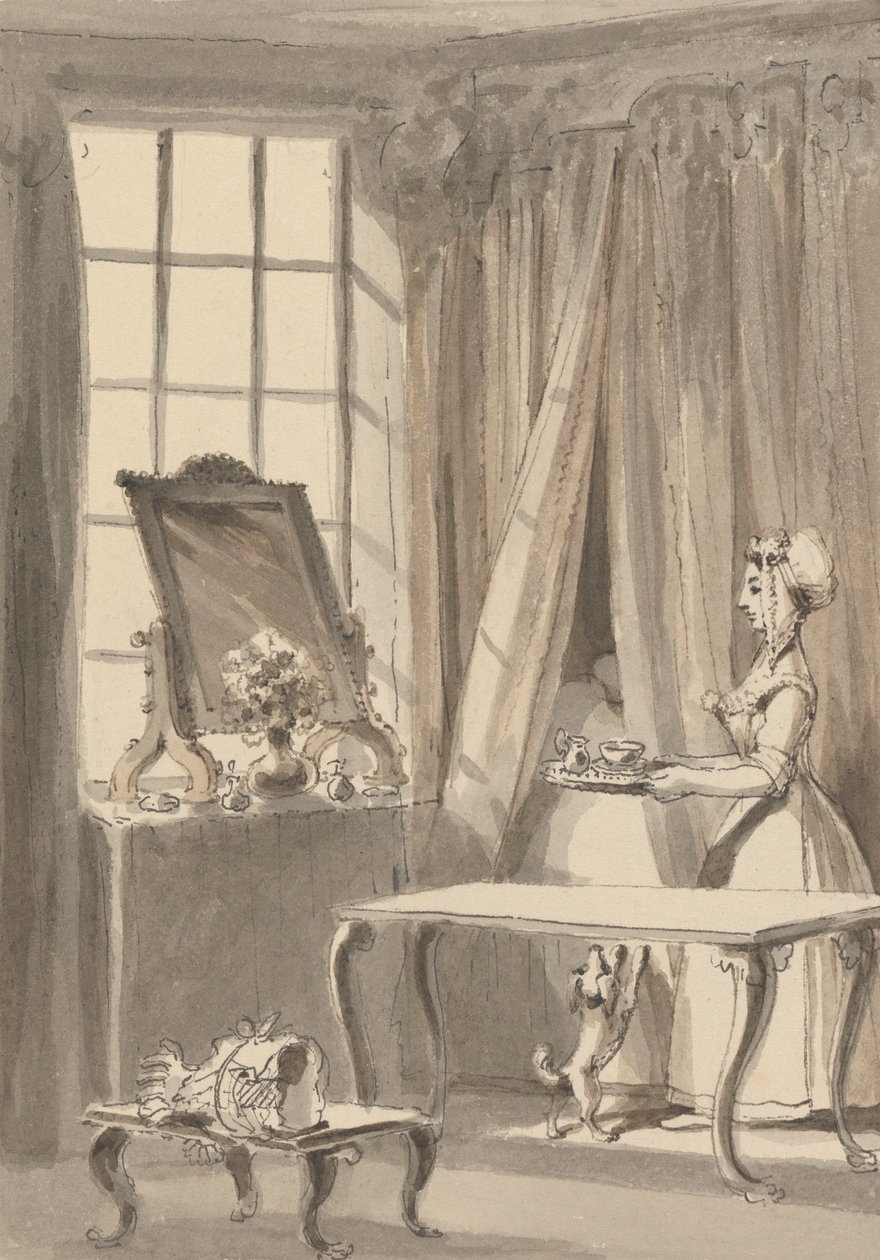 Hogarth har laget frokost og sender opp en kopp til sin kone samtidig som han beordrer den lille hunden til å bli innlagt i hennes elskerinnes sengekammer av John Thomas Smith