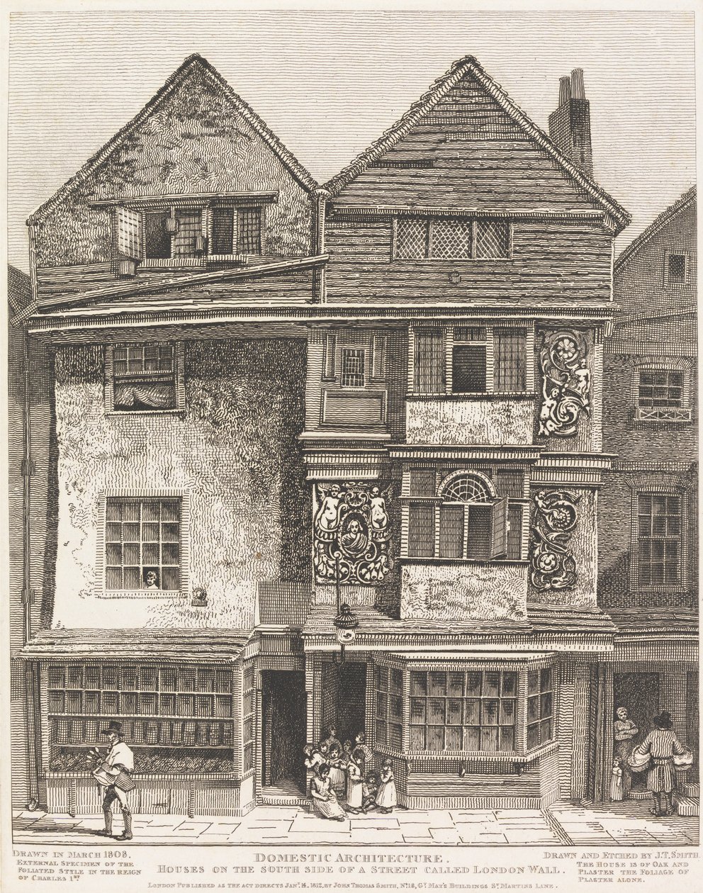 Hus på sørsiden av en gate kalt London Wall av John Thomas Smith