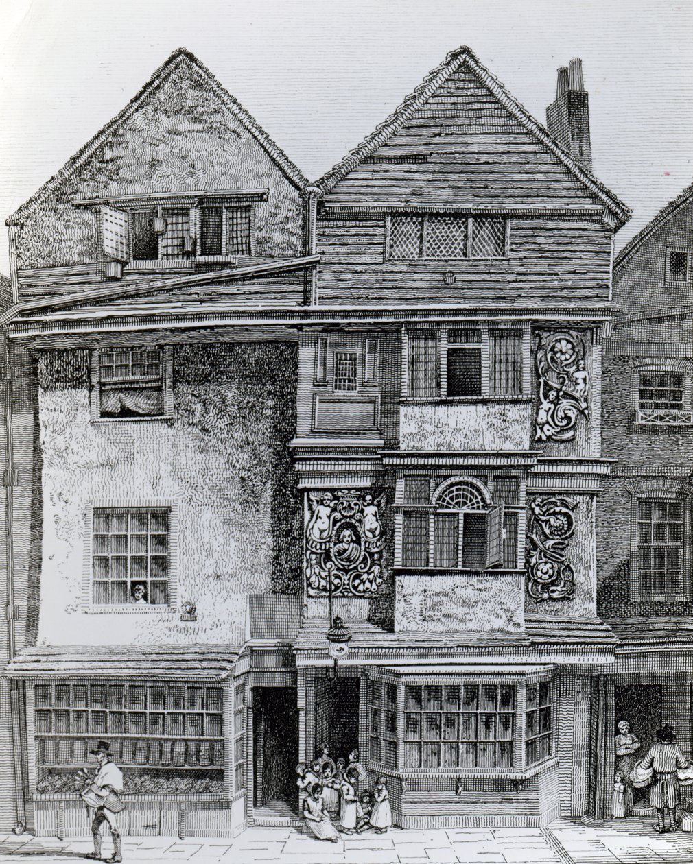 Hus på sørsiden av en gate kalt London Wall, publisert 1812 av John Thomas Smith