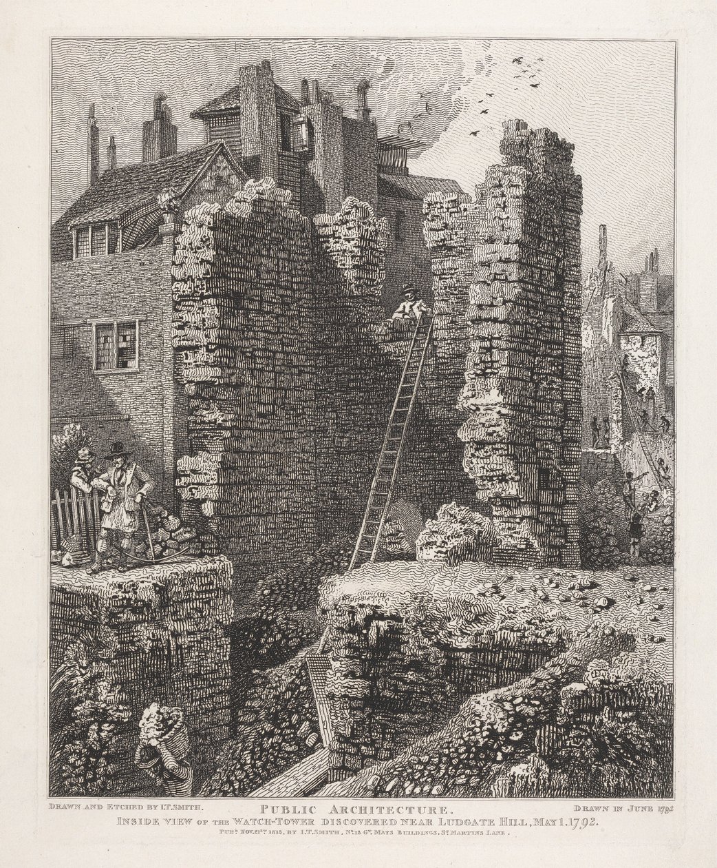 Innvendig utsikt over vakttårnet som ble oppdaget nær Ludgate Hill, 1. mai 1792 av John Thomas Smith