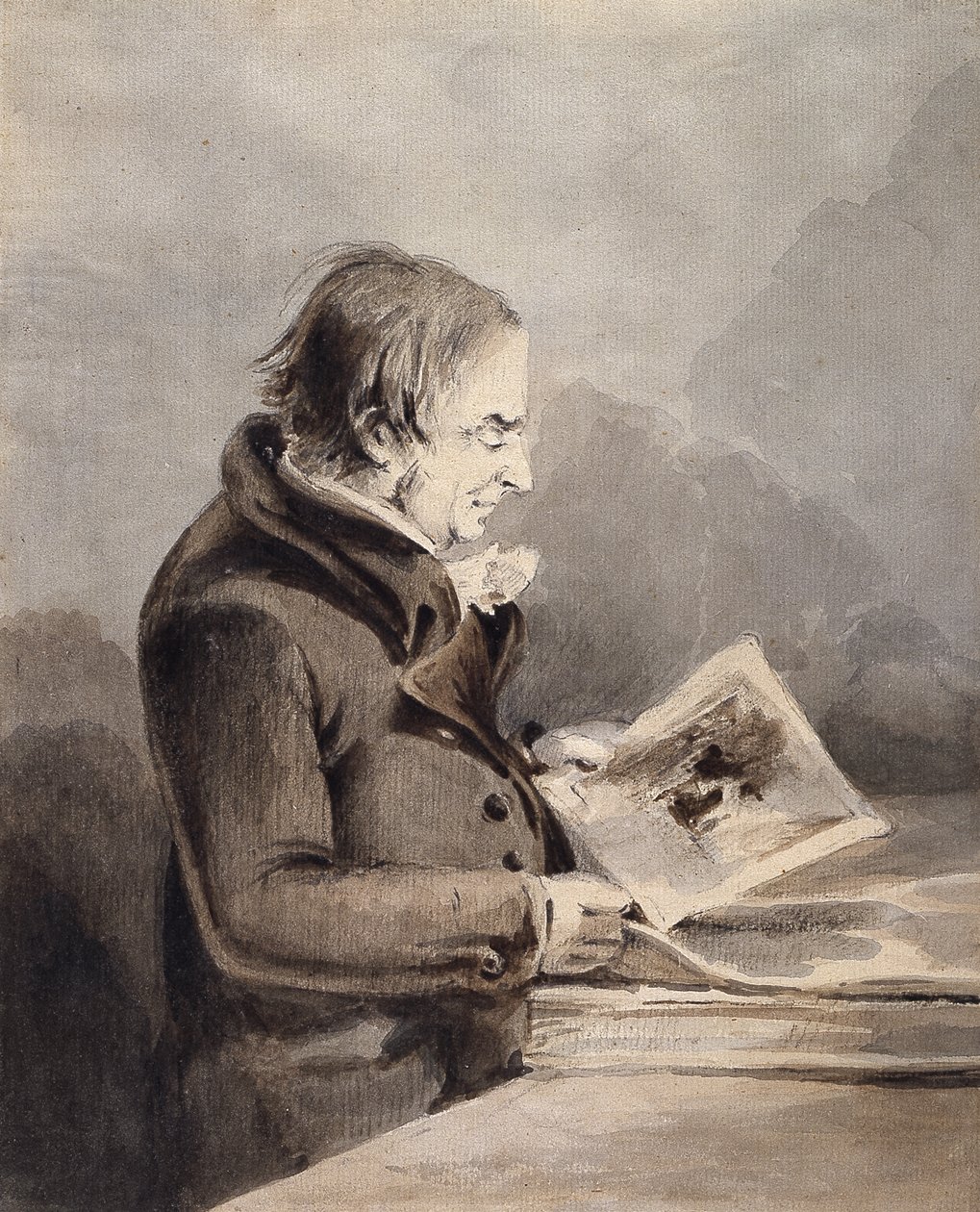 J.M.W. Turner In The British Museum (brunt og grått blekk vaskes over blyant på hvitt papir) av John Thomas Smith