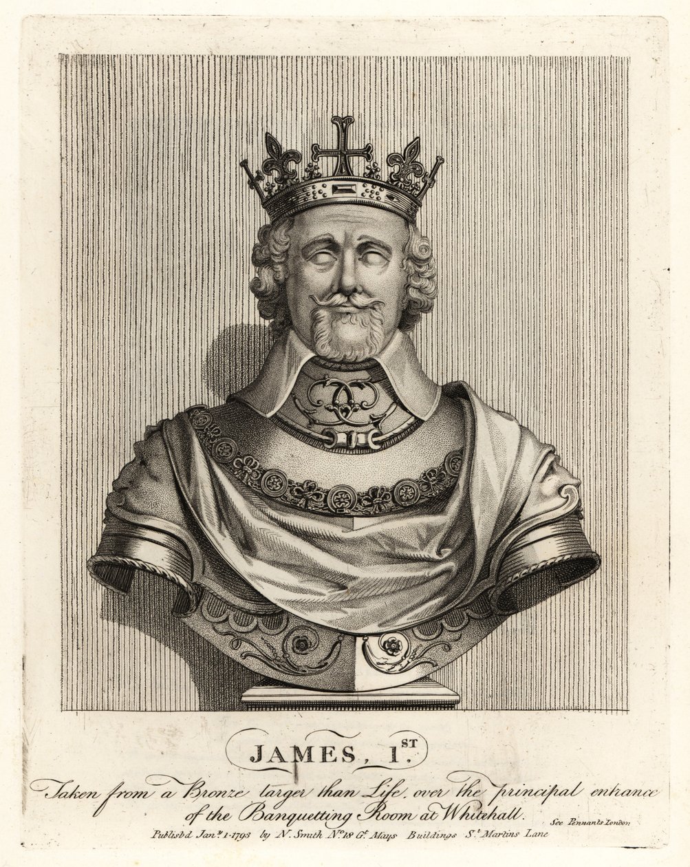 Kong James I av England tatt fra en bronsebyste over inngangen til bankettrommet i Whitehall av John Thomas Smith