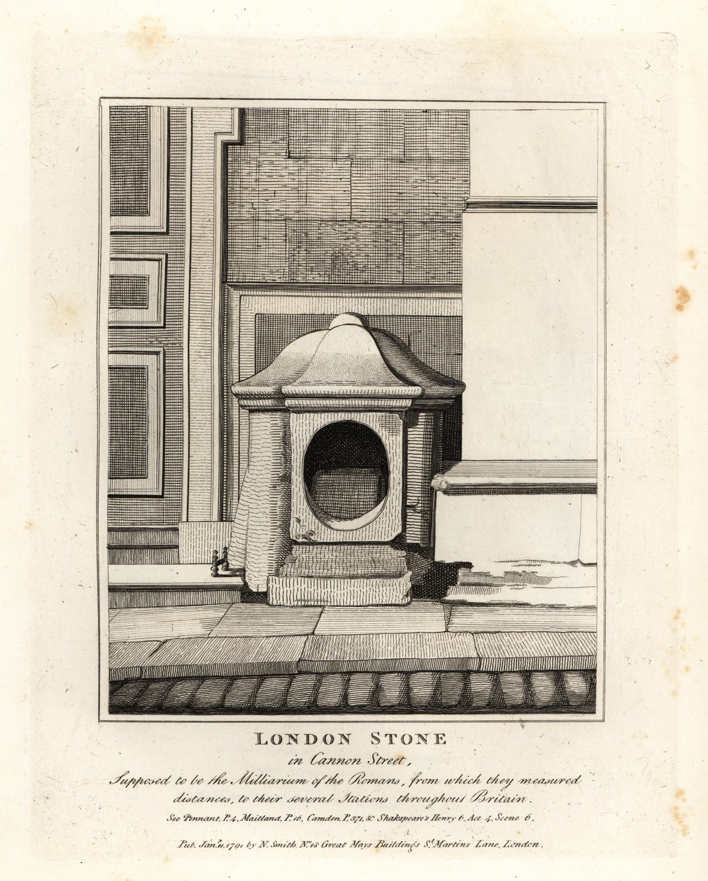 London Stone i Cannon Street, ment å være romernes milepæl eller Milliarium av John Thomas Smith