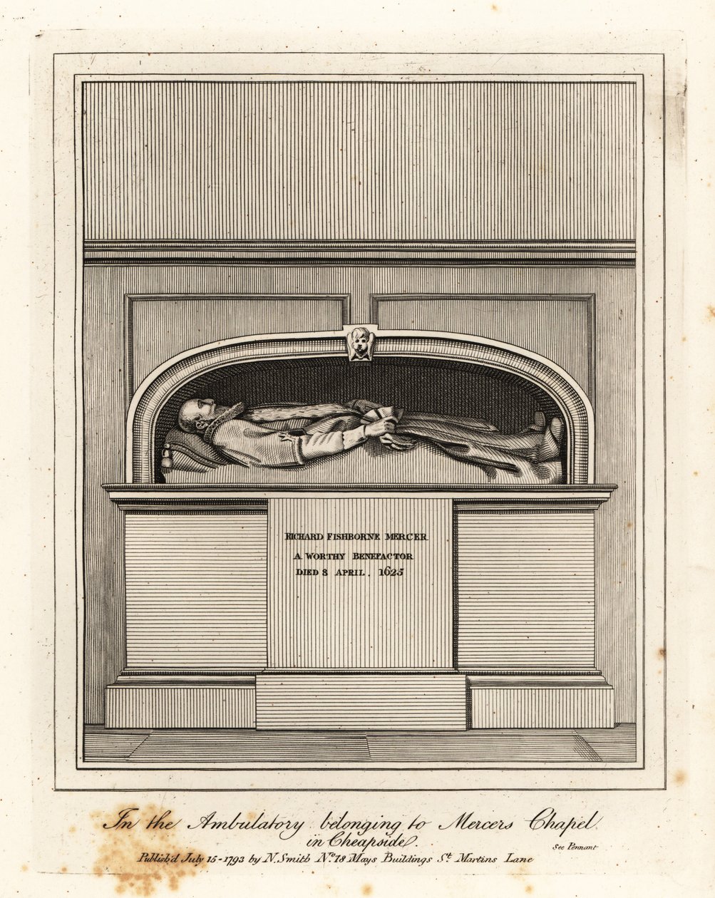 Monument til Richard Fishbourne Mercer, død 1625, i ambulatoriet i Mercers Chapel, Cheapside av John Thomas Smith